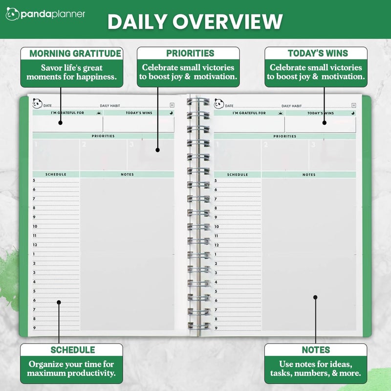 Panda Planner 2026 Undated Daily Planner 5.75" x 8.25" â€“ 90-Day Spiral Productivity & ADHD Planner with Hourly Schedule, Habit Tracker, To-Do List & Monthly Calendar â€“ Panda Journal for Home & Office (Green) - Image 2